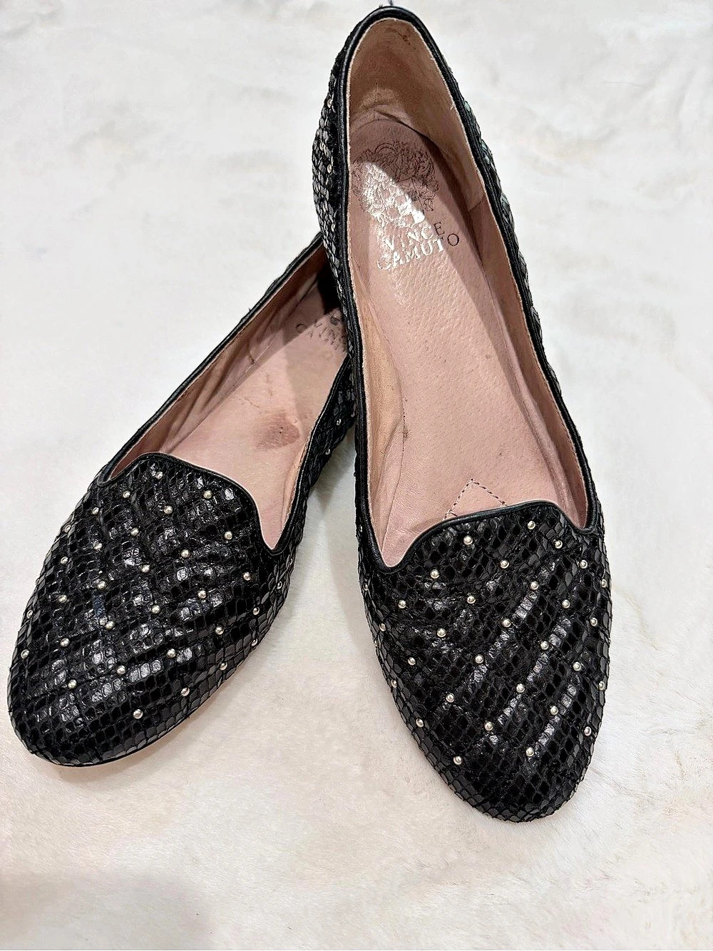 Vince Camuto Black Snake Skin accented with Silver beads Flat Loafers Size 8.5
